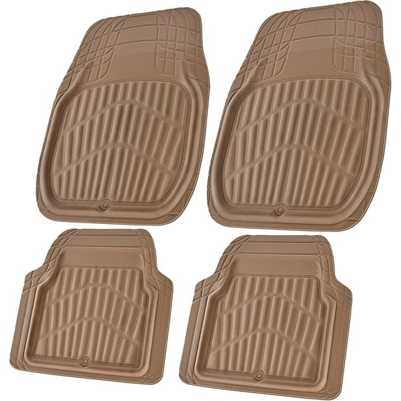 4 Piece Leather Car Floor Mats -3D Waterproof All Weather, Universal Trim to Fit & Anti-Slip Burr Bottom Safety & Light Easy Clean Install for SUV Truck Auto Sedan Van (Beige)
