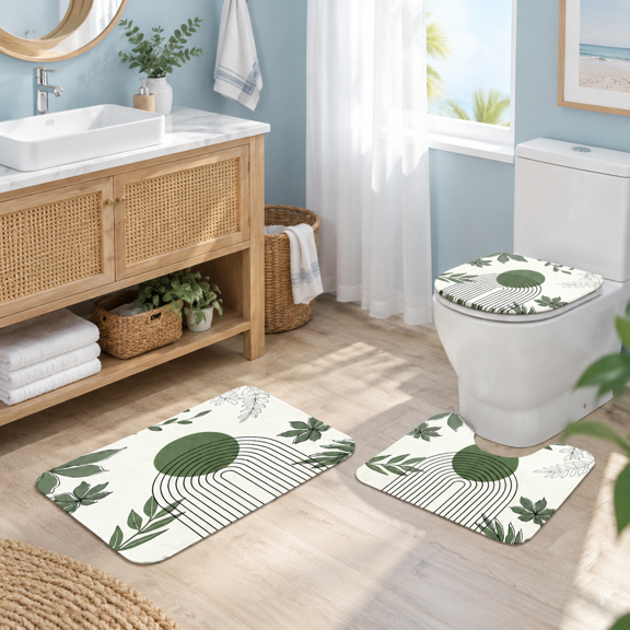 4-Piece Leaves & Geometry Bathroom Accessory Set with Shower Curtain, Rugs, and Hooks