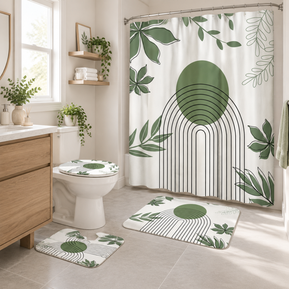 4-Piece Leaves & Geometry Bathroom Linen Accessory Set with Shower Curtain and Rugs