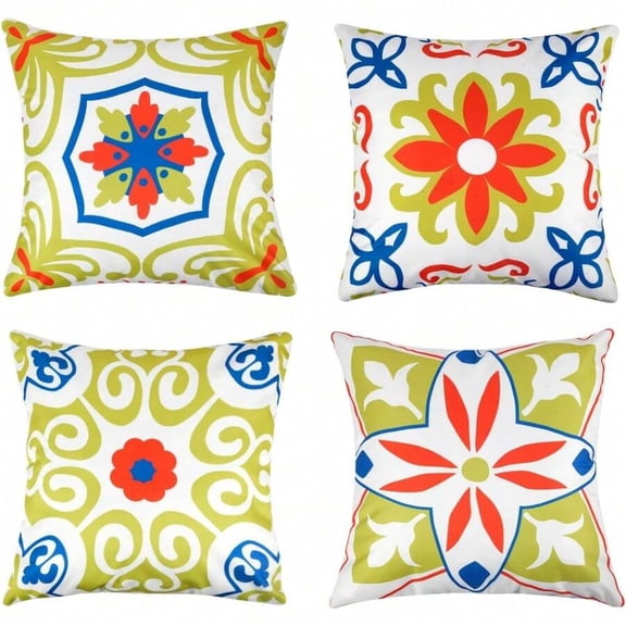 4-Piece Lemon Yellow Outdoor Waterproof Throw Pillow Set, Floral & Scroll Print, Bohemian Farmhouse Style, 18x18 Inches