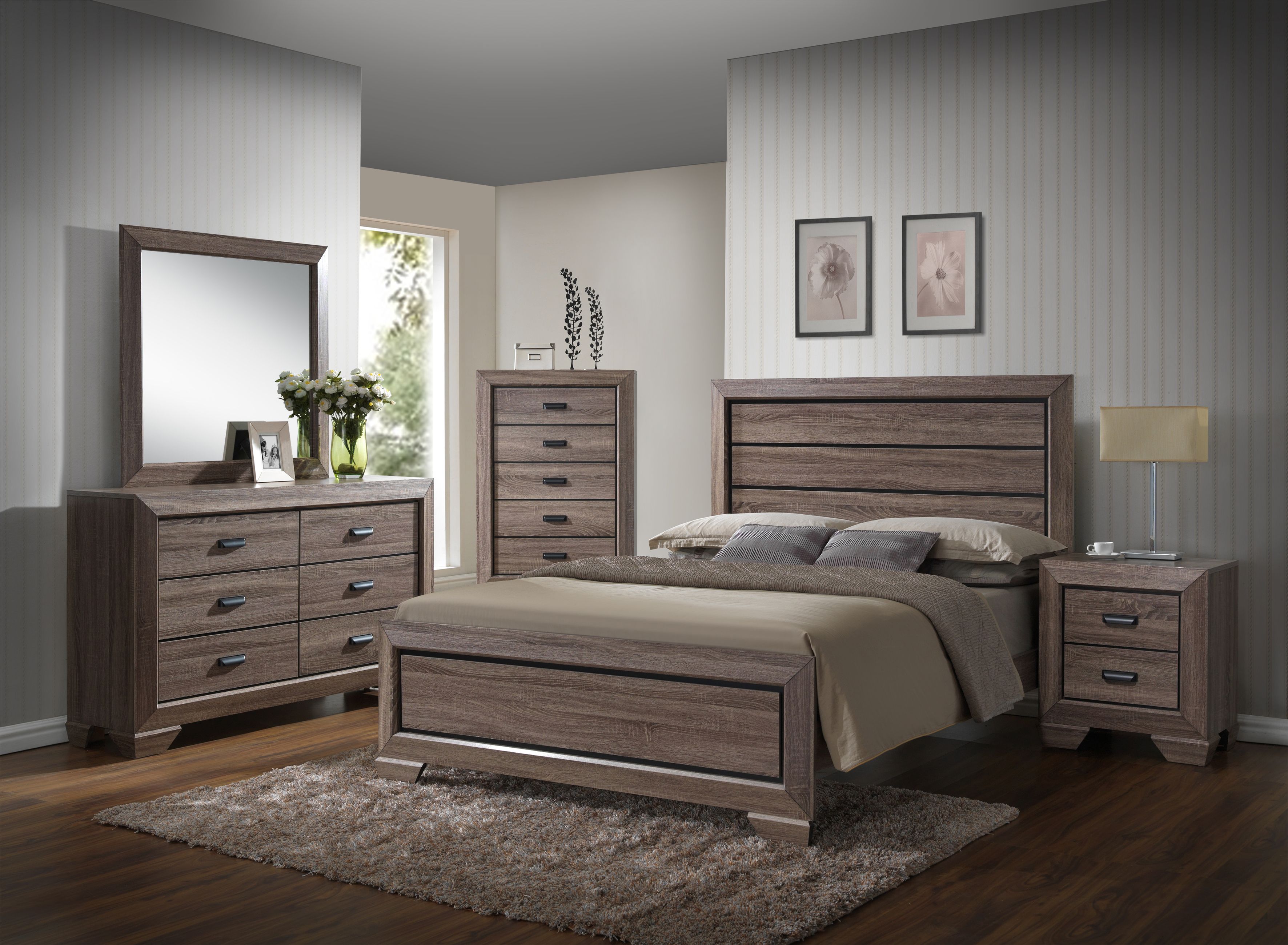 4 Piece Light Brown Wood Queen Size Modern Bedroom Set (Bed, Dresser & Mirror, Nighstand