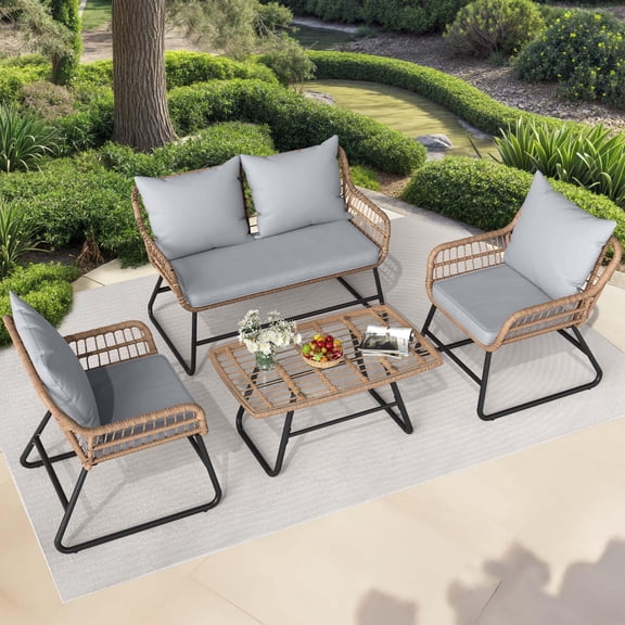 4-Piece Light Gray Wicker Outdoor Chat Set With Cushions, All-Weather Rattan Patio Furniture