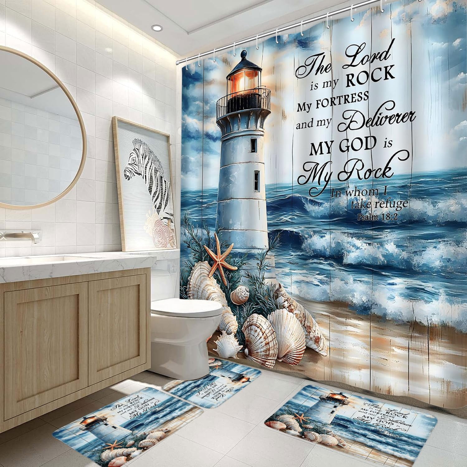 4 Piece Lighthouse Bible Verse Shower Curtain Set with Rugs,Blue Beach ...