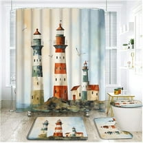 4 Piece Lighthouse Shower Curtain Set with Rugs, Toilet Lid Cover ,Nautical Lighthouse Oil Painting Summer Coastal Beach Sailboat Ocean Seascape Navy Blue Red Bathroom Shower Curtain with Hooks