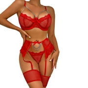 4 Piece Lingerie Set with Garter Belt Lace Underwire Bra and Panty Sets