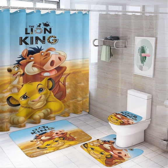 4 Piece Lion Kin Shower Curtain Sets, with 12 Hooks Non-Slip Rugs Toilet Lid Cover and Bath Mat for Bathroom Decor Set 72in