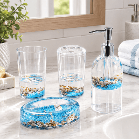 4 Piece Liquid 3d Floating Motion Bathroom Vanity Accessory Set Oceam Theme Sea Shell Conch Toothbrush Holder Tumbler Soap Dispen