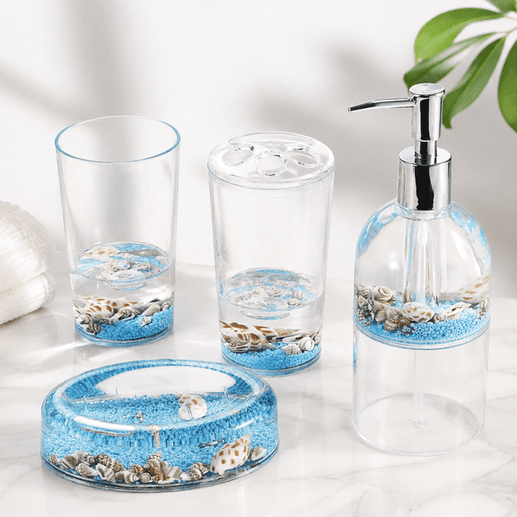 4 Piece Liquid 3d Floating Motion Bathroom Vanity Accessory Set Oceam Theme Sea Shell Conch Toothbrush Holder Tumbler Soap Dispen