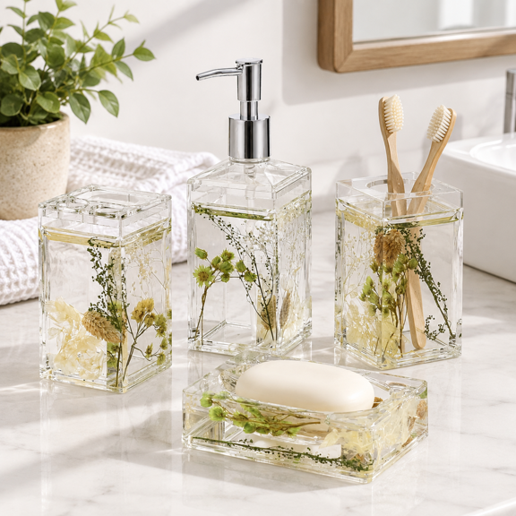 4 Piece Liquid 4d Floating Motion Bathroom Vanity Accessory Set Garden Botanic Green Toothbrush Holder Tumbler Soap Dispenser Dis
