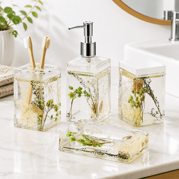4 Piece Liquid 4d Floating Motion Bathroom Vanity Accessory Set Garden Botanic Green Toothbrush Holder Tumbler Soap Dispenser Dis