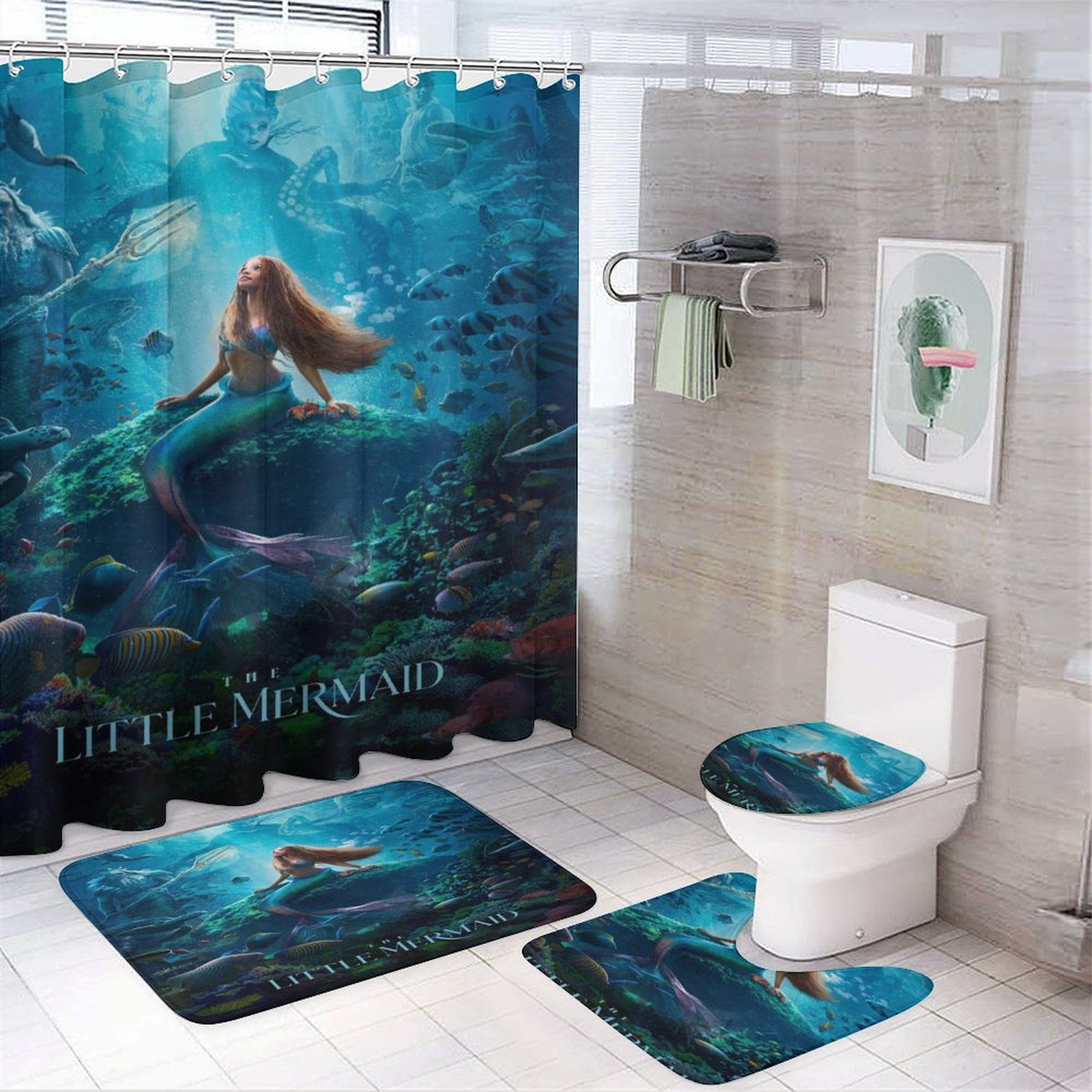 4 Piece Little Mermaid Shower Curtain Sets, with 12 Hooks NonSlip Rugs