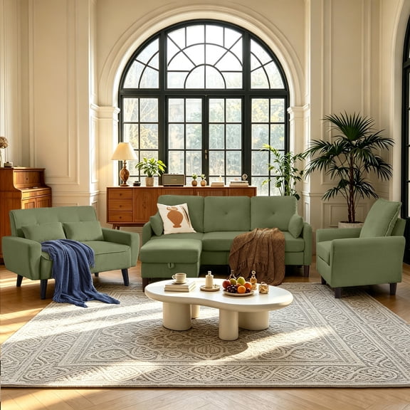 4 Piece Living Room Furniture Set,Convertible Sectional Sofa Set, Modern Corduroy L Shaped Couch with Storage Ottoman, 3 Seater Sofa & Footstool & Loveseat & Armchair for Living Room,Office,Apartment