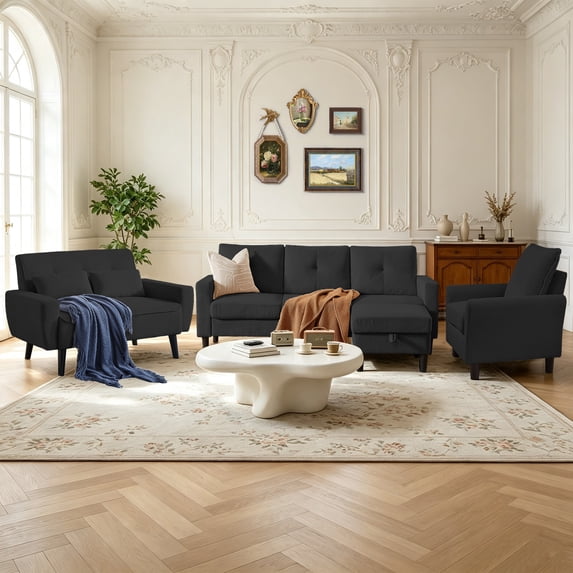4 Piece Living Room Furniture Set,Sectional Sofa Set, Modern Corduroy L Shaped Couch with Storage Ottoman, 3 Seater Sofa & Footstool & Loveseat & Armchair for Living Room, Office, Apartment