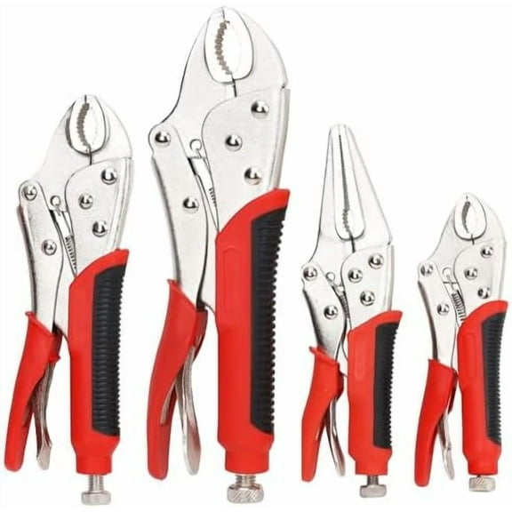 4-Piece Locking Pliers Set with Heavy Duty Grip, 5", 7" and 10" Curved Jaw, 6-1/2" Long Nose Locking Pliers Included, Vise Grip Wrench Set