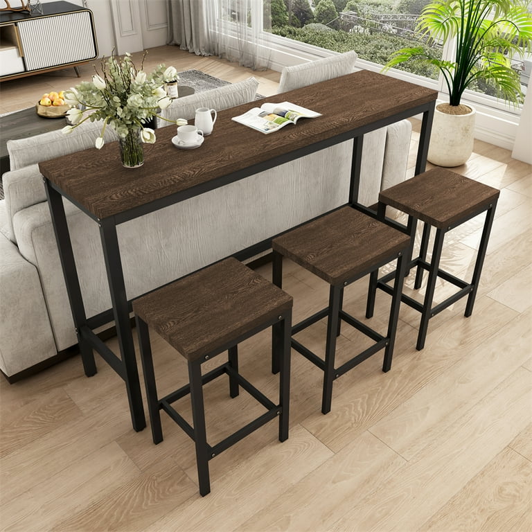 4-Piece Long Dining Table Set, Pub Table Bar Table Set, Kitchen