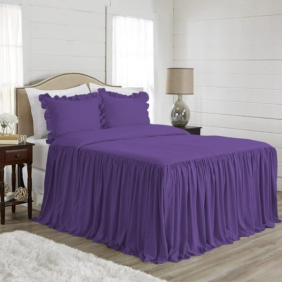 4 Piece Long Ruffle Sheet Set, 20" Inch Long Ruffle On Corner Of The Flat Sheet, 10 Inch Deep Pocket, 100% Egyptian Cotton, 800 TC, Twin XL Size, Solid Purple