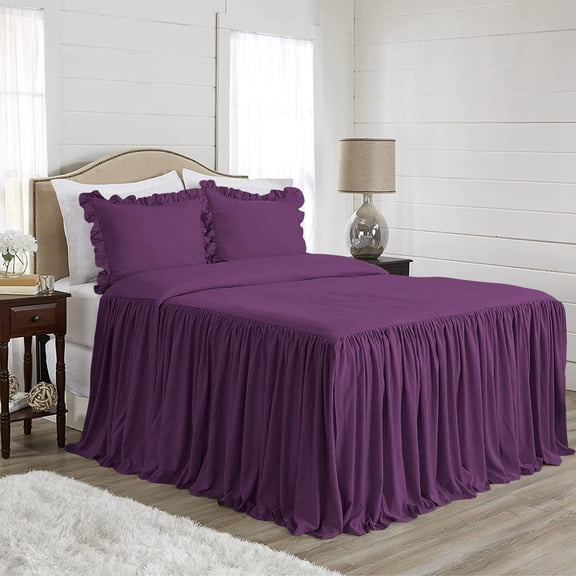 4 Piece Long Ruffle Sheet Set, 20" Inch Long Ruffle On Corner Of The Flat Sheet, 15 Inch Deep Pocket, 100% Egyptian Cotton, 800 TC, Cal King Size, Solid Plum