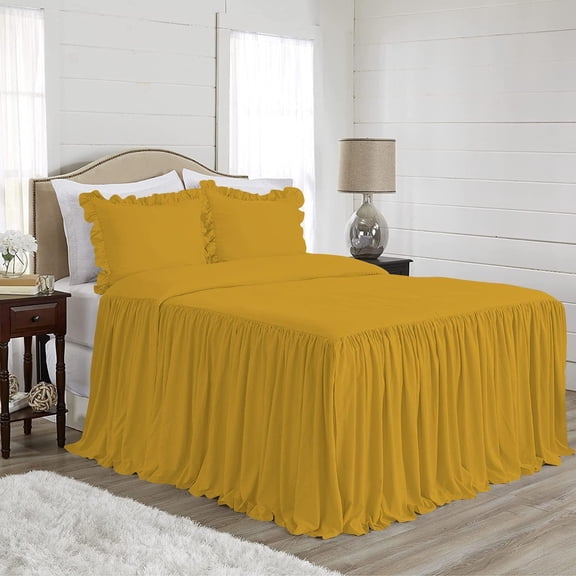 4 Piece Long Ruffle Sheet Set, 20" Inch Long Ruffle On Corner Of The Flat Sheet, 15 Inch Deep Pocket, 100% Egyptian Cotton, 800 TC, Twin XL Size, Solid Gold