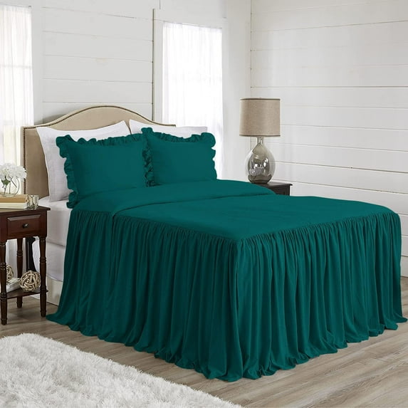 4 Piece Long Ruffle Sheet Set, 20" Inch Long Ruffle On Corner Of The Flat Sheet, 18 Inch Deep Pocket, 100% Egyptian Cotton, 800 TC, Olympic Queen Size, Solid Teal