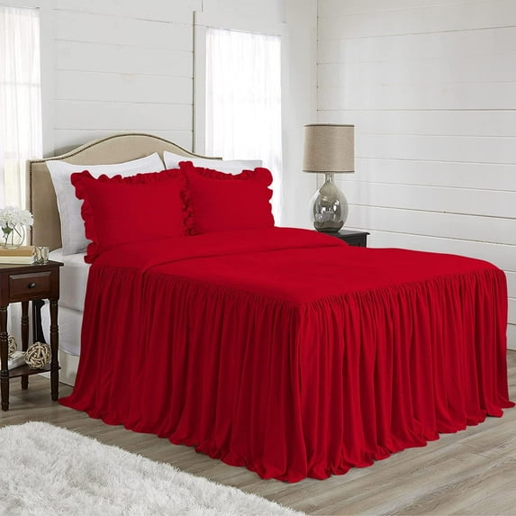 4 Piece Long Ruffle Sheet Set, 20" Inch Long Ruffle On Corner Of The Flat Sheet, 18 Inch Deep Pocket, 100% Egyptian Cotton, 800 TC, Twin XL Size, Solid Blood Red