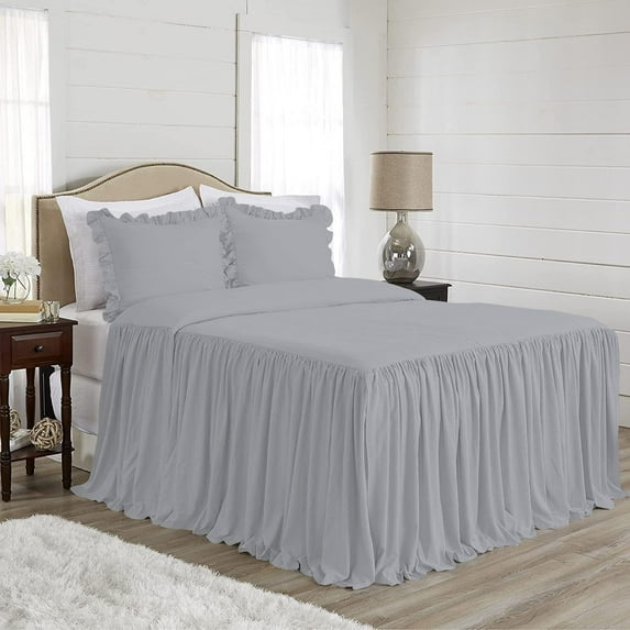 4 Piece Long Ruffle Sheet Set, 20" Inch Long Ruffle On Corner Of The Flat Sheet, 21 Inch Deep Pocket, 100% Egyptian Cotton, 800 TC, Cal King Size, Solid Silver