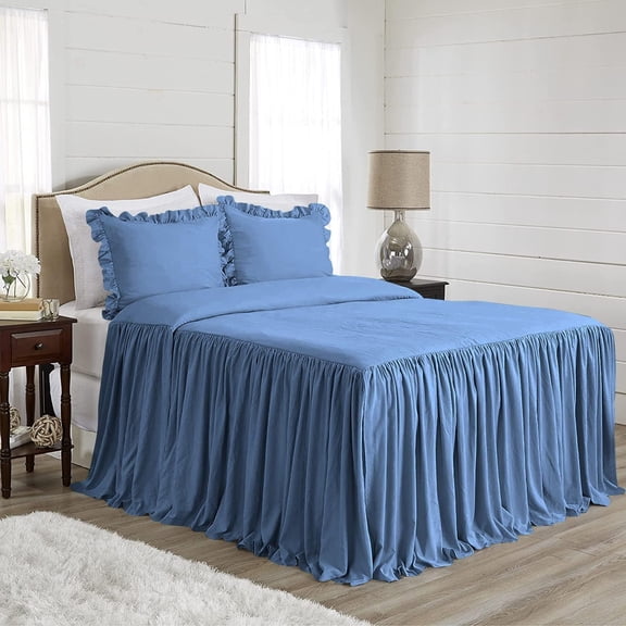 4 Piece Long Ruffle Sheet Set, 20" Inch Long Ruffle On Corner Of The Flat Sheet, 24 Inch Deep Pocket, 100% Egyptian Cotton, 800 TC, Twin XL Size, Solid Medium Blue