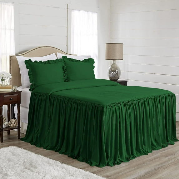 4 Piece Long Ruffle Sheet Set, 20" Inch Long Ruffle On Corner Of The Flat Sheet, 8 Inch Deep Pocket, 100% Egyptian Cotton, 800 TC, Olympic Queen Size, Solid Green