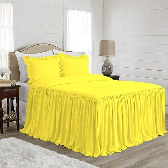 4 Piece Long Ruffle Sheet Set, 25" Inch Long Ruffle On Corner Of The Flat Sheet, 15 Inch Deep Pocket, 100% Egyptian Cotton, 800 TC, Twin Size, Solid Yellow