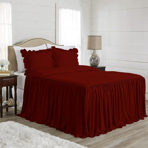 4 Piece Long Ruffle Sheet Set, 25" Inch Long Ruffle On Corner Of The Flat Sheet, 24 Inch Deep Pocket, 100% Egyptian Cotton, 800 TC, Twin XL Size, Solid Burgundy