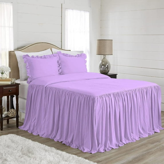 4 Piece Long Ruffle Sheet Set, 30" Inch Long Ruffle On Corner Of The Flat Sheet, 10 Inch Deep Pocket, 100% Egyptian Cotton, 800 TC, Cal King Size, Solid Lilac