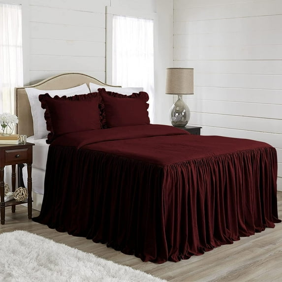 4 Piece Long Ruffle Sheet Set, 30" Inch Long Ruffle On Corner Of The Flat Sheet, 10 Inch Deep Pocket, 100% Egyptian Cotton, 800 TC, Cal King Size, Solid Wine