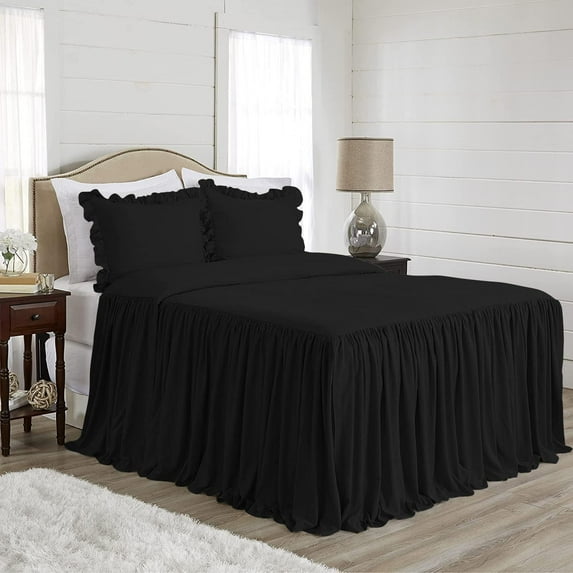 4 Piece Long Ruffle Sheet Set, 30" Inch Long Ruffle On Corner Of The Flat Sheet, 10 Inch Deep Pocket, 100% Egyptian Cotton, 800 TC, King Size, Solid Black