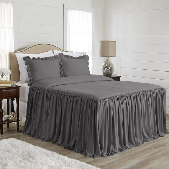 4 Piece Long Ruffle Sheet Set, 30" Inch Long Ruffle On Corner Of The Flat Sheet, 10 Inch Deep Pocket, 100% Egyptian Cotton, 800 TC, Twin Size, Solid Dark Grey