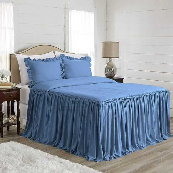 4 Piece Long Ruffle Sheet Set, 30" Inch Long Ruffle On Corner Of The Flat Sheet, 12 Inch Deep Pocket, 100% Egyptian Cotton, 800 TC, King Size, Solid Medium Blue