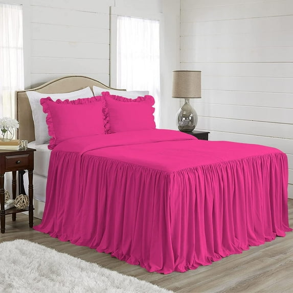 4 Piece Long Ruffle Sheet Set, 30" Inch Long Ruffle On Corner Of The Flat Sheet, 15 Inch Deep Pocket, 100% Egyptian Cotton, 800 TC, Cal King Size, Solid Hot Pink