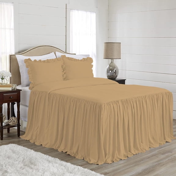 4 Piece Long Ruffle Sheet Set, 30" Inch Long Ruffle On Corner Of The Flat Sheet, 15 Inch Deep Pocket, 100% Egyptian Cotton, 800 TC, Full Size, Solid Taupe