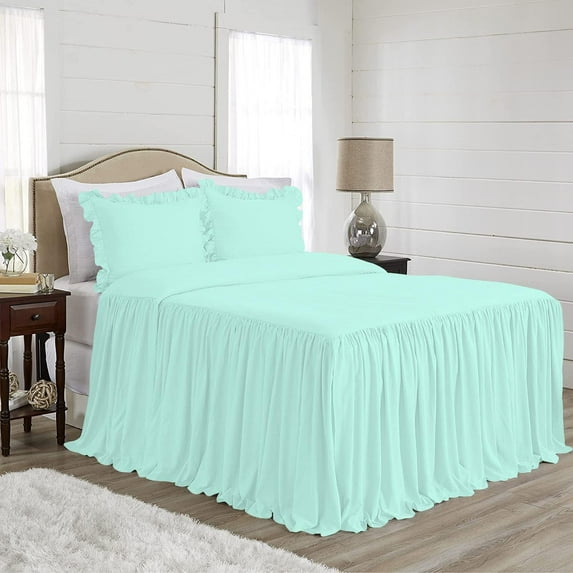 4 Piece Long Ruffle Sheet Set, 30" Inch Long Ruffle On Corner Of The Flat Sheet, 21 Inch Deep Pocket, 100% Egyptian Cotton, 800 TC, Full Size, Solid Aqua Blue