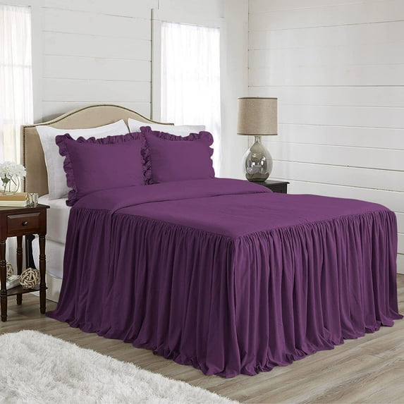 4 Piece Long Ruffle Sheet Set, 30" Inch Long Ruffle On Corner Of The Flat Sheet, 21 Inch Deep Pocket, 100% Egyptian Cotton, 800 TC, King Size, Solid Plum