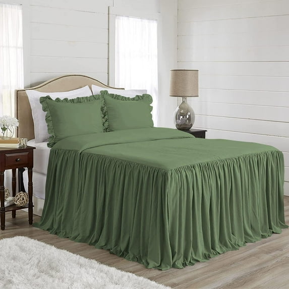 4 Piece Long Ruffle Sheet Set, 30" Inch Long Ruffle On Corner Of The Flat Sheet, 21 Inch Deep Pocket, 100% Egyptian Cotton, 800 TC, Twin XL Size, Solid Moss