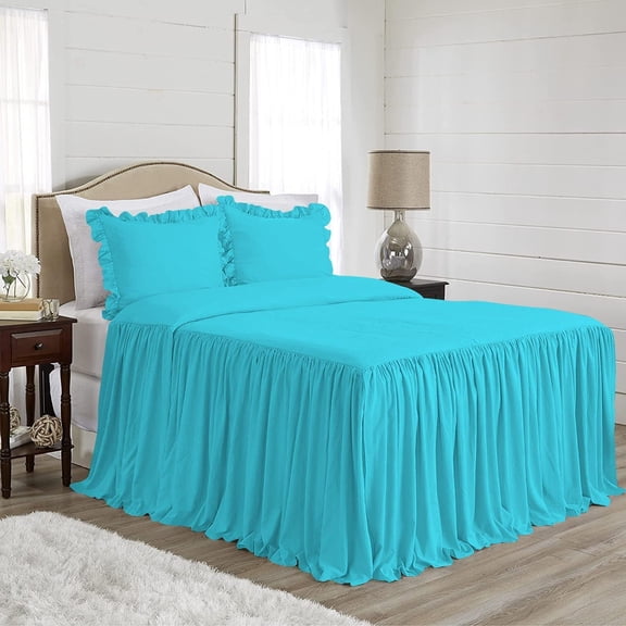 4 Piece Long Ruffle Sheet Set, 30" Inch Long Ruffle On Corner Of The Flat Sheet, 24 Inch Deep Pocket, 100% Egyptian Cotton, 800 TC, King Size, Solid Turquoise Blue