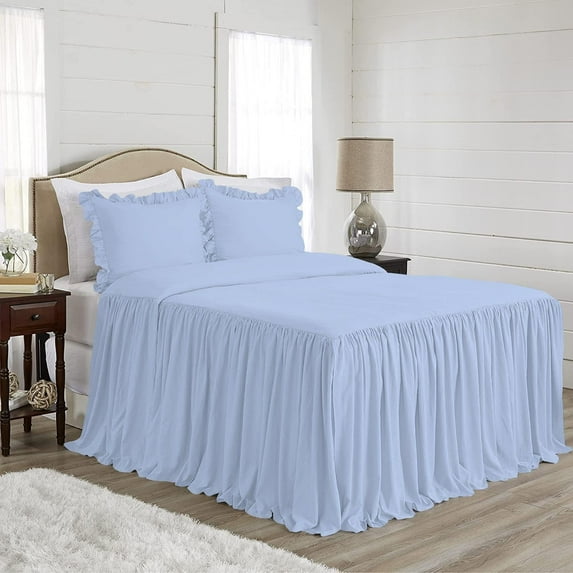 4 Piece Long Ruffle Sheet Set, 30" Inch Long Ruffle On Corner Of The Flat Sheet, 8 Inch Deep Pocket, 100% Egyptian Cotton, 800 TC, Olympic Queen Size, Solid Light Blue