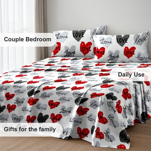 4-Piece Love Heart Print Bed Sheet Set - Soft Microfiber Bedding with Deep Pockets for Twin Full Queen King Sizes