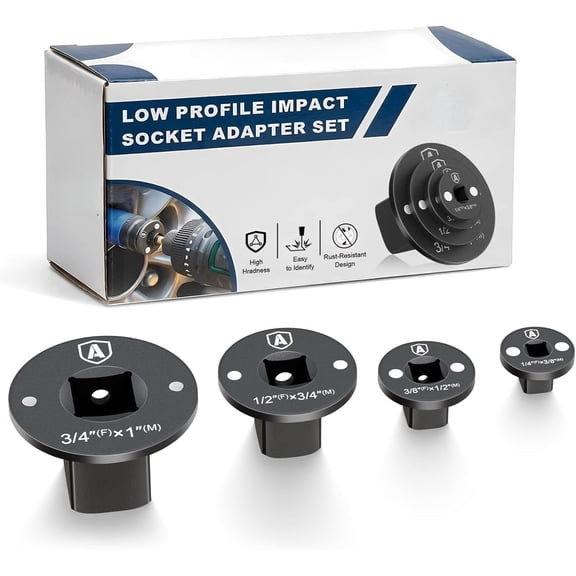 4-Piece Low-Profile Impact Socket Adapter Set, Ratchet Drive Adapter Kit, Designed for Tight Spaces, 3/8" to 1/2", 1/4" to 3/8", 3/4" to 1", 1/2" to 3/4"