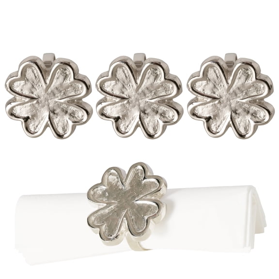 4-Piece Lucky Flower Clover Napkin Ring Set, Handcrafted, Gleaming Silver Finish, Hand Cast Aluminum Nickle, 2 Inches Diameter