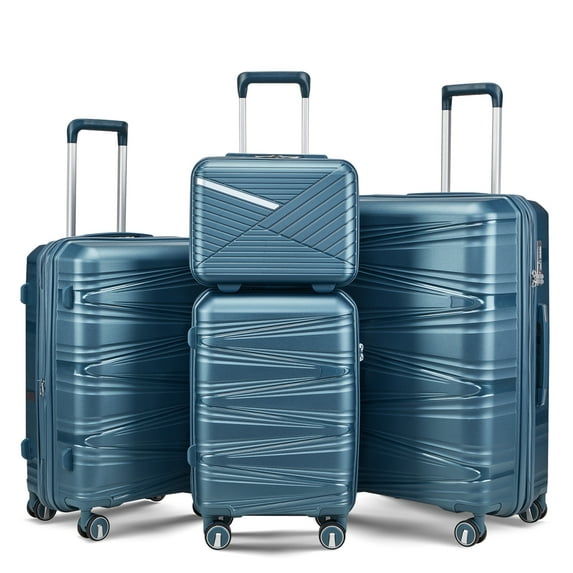 4 Piece Luggage Set, 14"/20''/24/''28'' Expandable Lightweight Suitcase with Noise-free Double Spinner Wheels & TSA Lock, Polypropylene Hardshell Storage Case for Travel Vacation, Peacock Blue