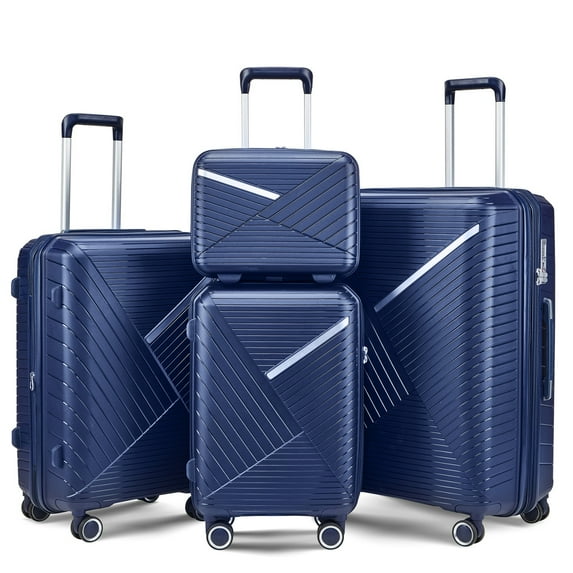 4 Piece Luggage Set, 14"/20''/24/''28'' Expandable Lightweight Suitcase with Noise-free Double Spinner Wheels & TSA Lock, Polypropylene Hardshell Storage Case for Travel Vacation, Navy Blue