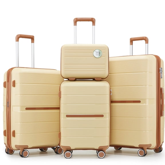4 Piece Luggage Set, Expandable Lightweight Suitcase Set, PP Materials Travel Luggage with TSA Lock Spinner Wheels, Apricot Cream (14/20/24/28)