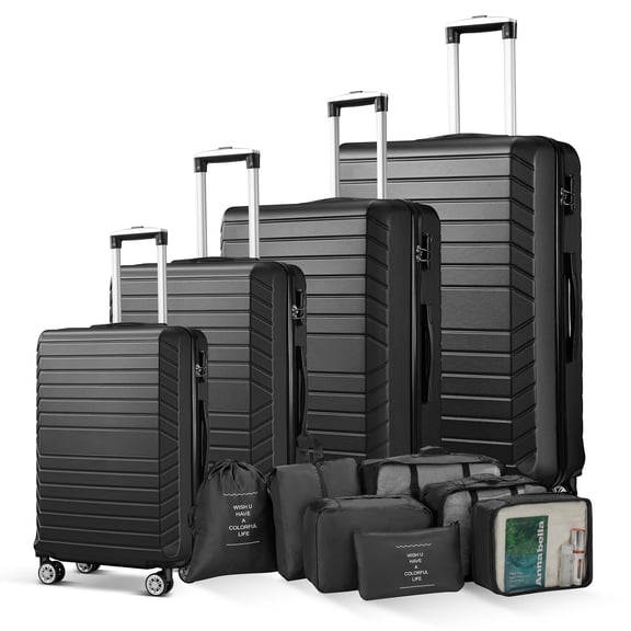 4 Piece Luggage Sets Travel Suitcase Set,20/24/28/32 inch Luggage with 7PCS Organizer Bags, Black