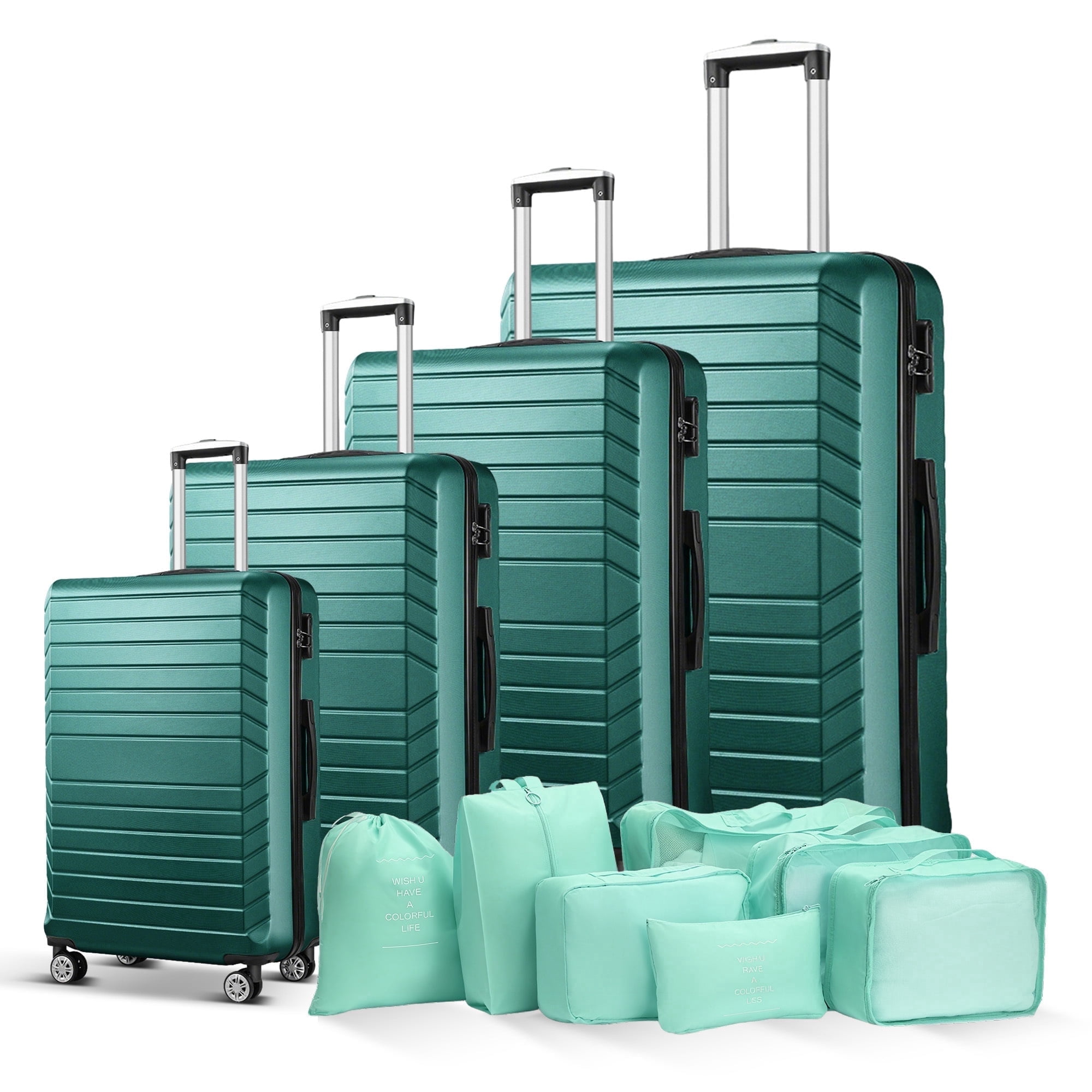 4 Piece Luggage Sets Travel Suitcase Set,20/24/28/32 inch Luggage with 7PCS Organizer Bags, Green