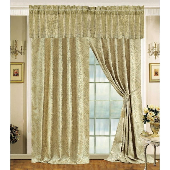 4 Piece Luxurious Silky Gold Imperial Jacquard Window Curtain Set (Classic Regal Pattern)